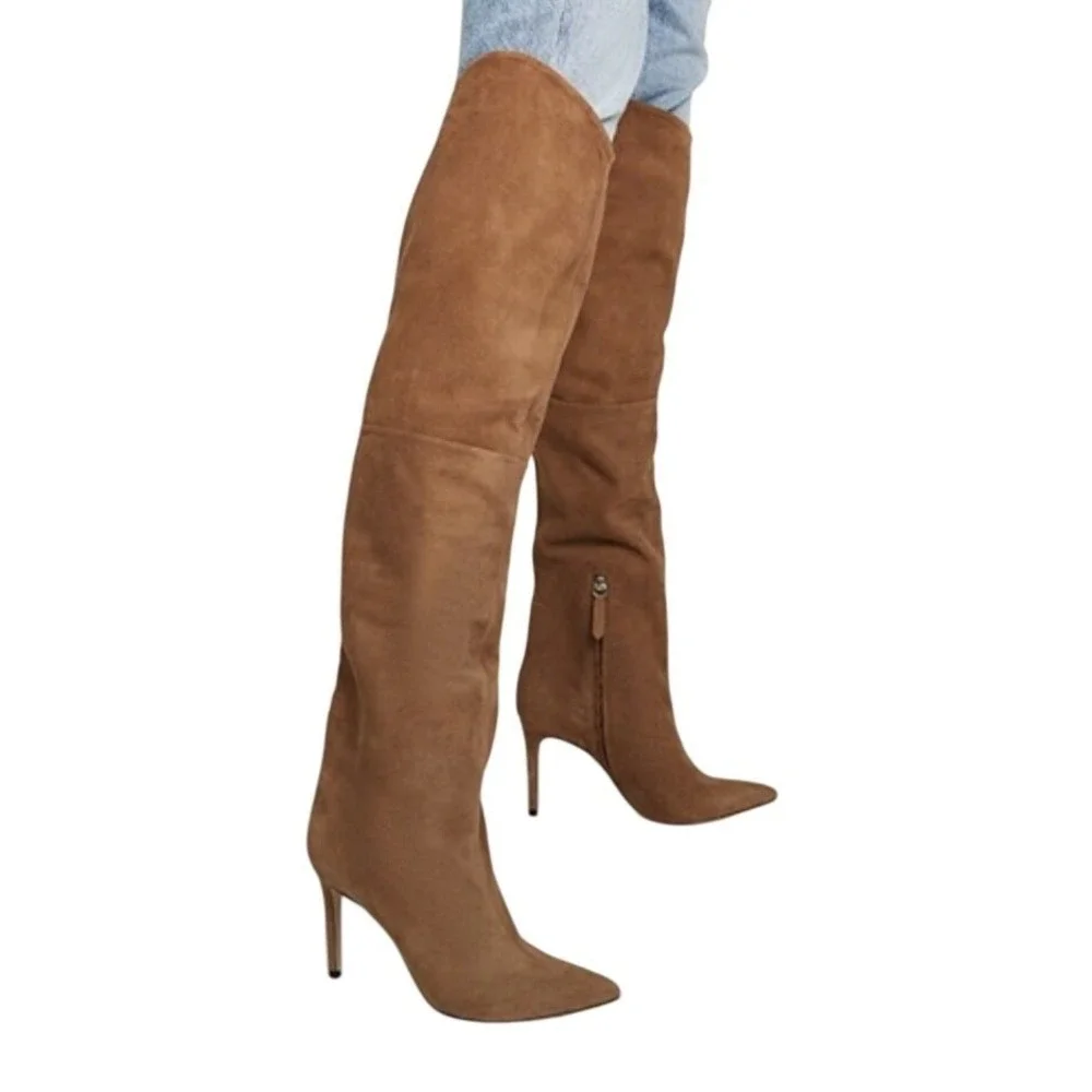 Schutz Anamaria Wood Brown Suede Pointed Toe Stiletto Heel Over The Knee Boot 7B